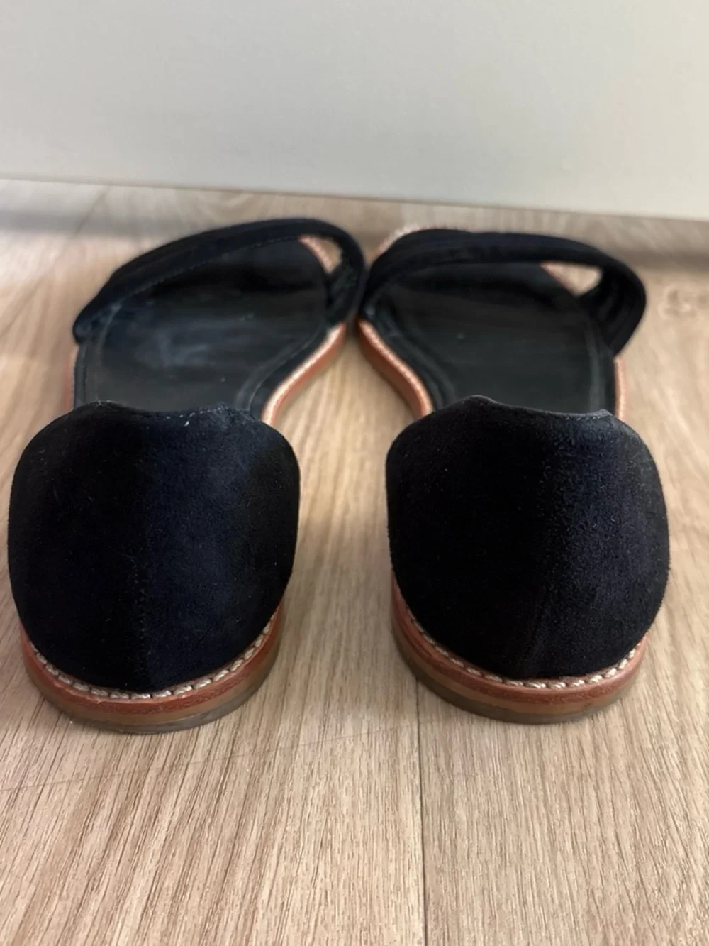 J. Crew Black Suede Open-Back Sandals with Brown Trim